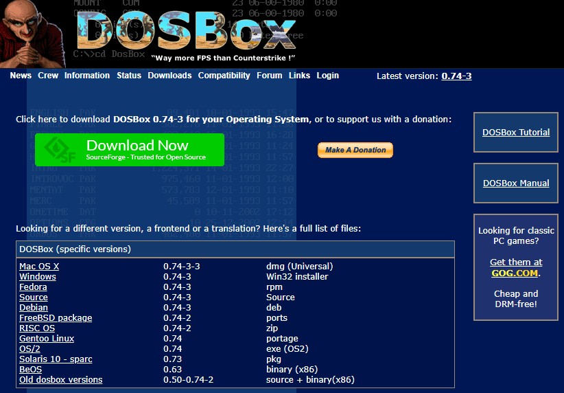 Página de descarga de DOSBox